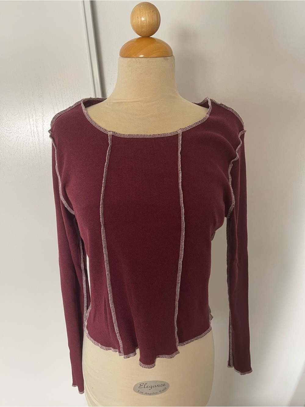 Women’s Long Sleeve Ribbed Top with Contrast Seams - Burgundy